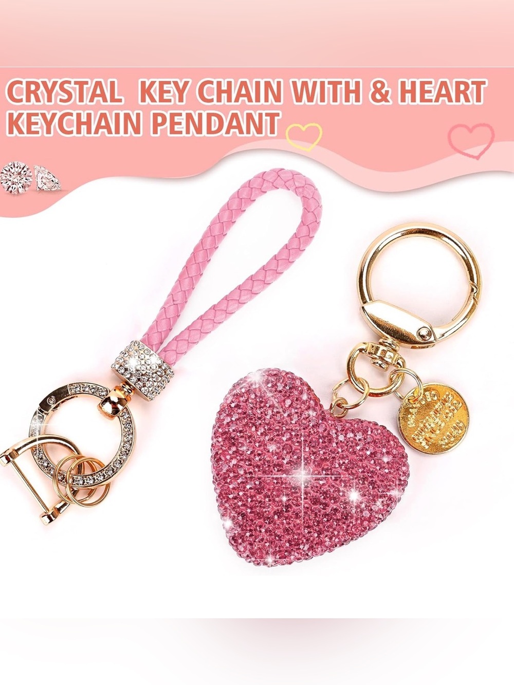 Rhinestone & Pink Heart Shape Keychain - Picture 2 of 3